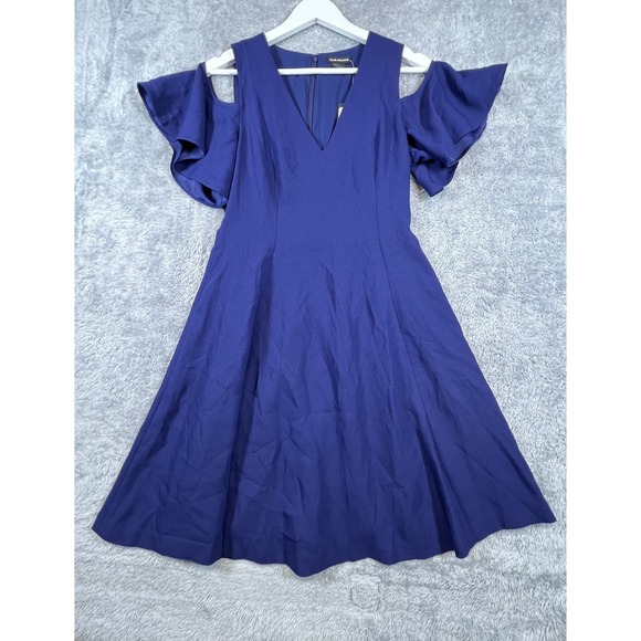 Club Monaco Pernille Dress Womens 2 Deep Sapphire Blue Cold Shoulder Ruffle Knee - Picture 1 of 11